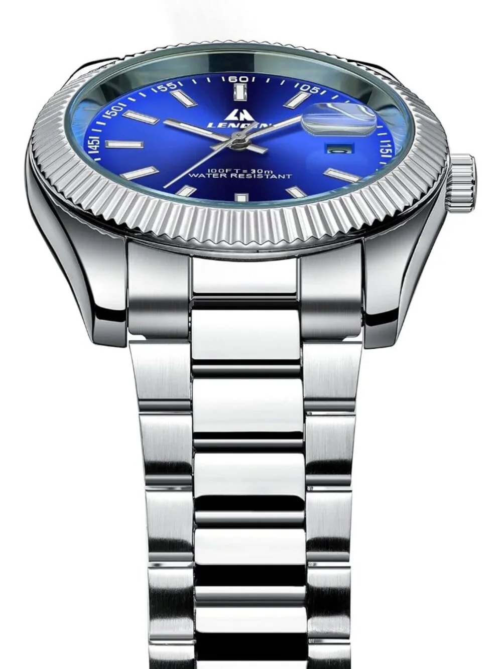 Men's Silver And Blue Face Waterproof Stainless Steel Analog Quartz Luxury Watch